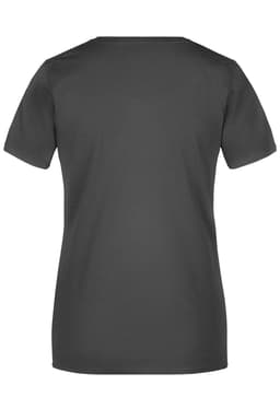 A grey basic women's T-shirt with short sleeves and a plain back view. Features a logo.