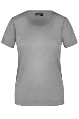 A grey ladies T-shirt with short sleeves and a round neckline. Features a subtle logo on the label.