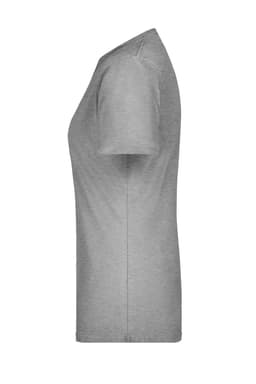 A grey ladies T-shirt featuring short sleeves and a slim-fit design, with a logo on the fabric.