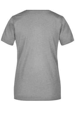 A grey women's t-shirt with short sleeves and a round neckline, featuring a logo on the back.