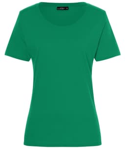 A green short-sleeved ladies T-shirt with a round neckline and a tag inside. It has a logo on the label.