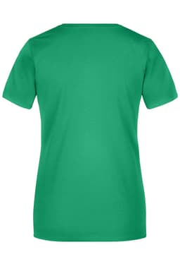 A green ladies T-shirt with short sleeves and a classic crew neck design. It features a logo on the back.