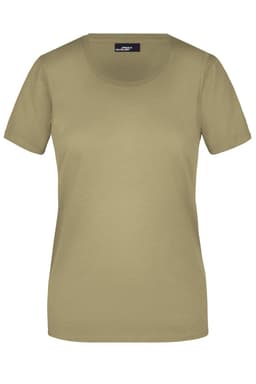 A khaki women's T-shirt with a round neckline and short sleeves, featuring a logo on the label.
