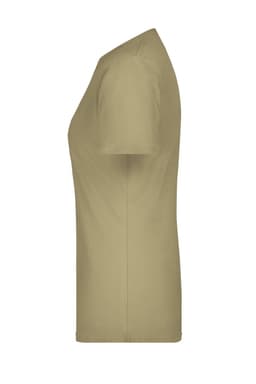 A light khaki women's T-shirt with short sleeves and a fitted design, featuring a logo on the side.