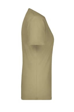 A beige women's t-shirt with short sleeves and a fitted silhouette, featuring a logo.