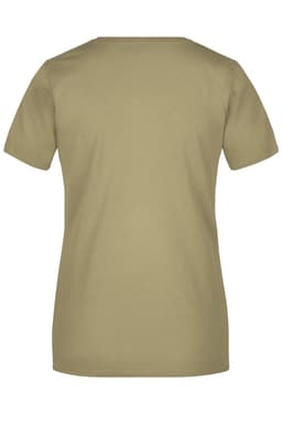A ladies basic T-shirt in a khaki colour, featuring a simple back design and short sleeves.