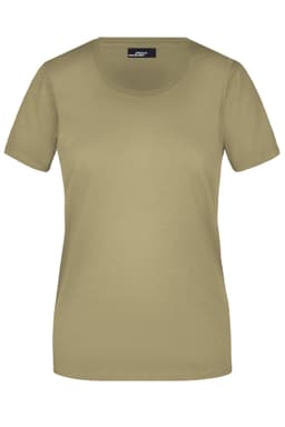 A ladies basic T-shirt in a light khaki colour with a round neckline and short sleeves. It features a logo on the tag.