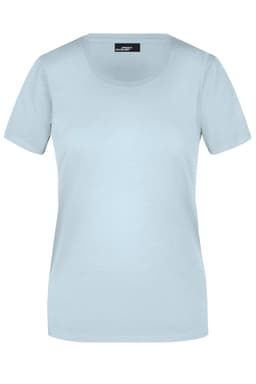 A light blue women's T-shirt with short sleeves and a round neckline, featuring a logo on the label.