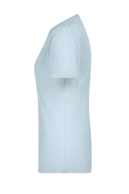 A light blue women's T-shirt with short sleeves and a fitted design. It features a branding logo on the label.