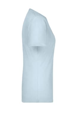 A light blue ladies' T-shirt viewed from the side, featuring a simple design and a logo on the fabric.