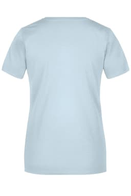 A light blue short-sleeved T-shirt with a plain back and a logo at the neckline.