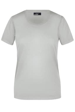 A light grey basic T-shirt with a scoop neckline and short sleeves, featuring a logo on the tag.