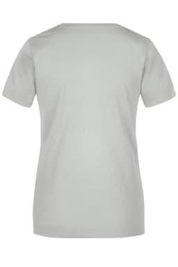 A grey short-sleeved women's T-shirt featuring a simple design and a logo on the back.