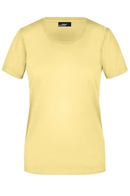 A yellow short-sleeved women's t-shirt with a round neck and a logo on the label.