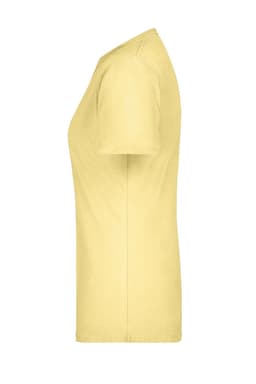 A yellow basic women's T-shirt with a simple design and short sleeves. It features a logo on the label.