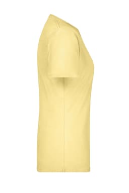 A yellow T-shirt with short sleeves, featuring a basic design and a logo.