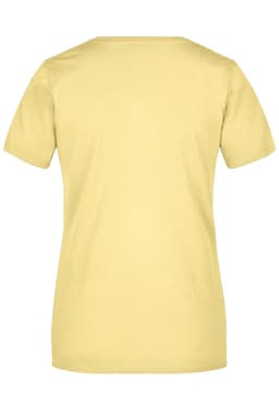 A yellow basic T-shirt with a standard cut and short sleeves, featuring a logo on the back.