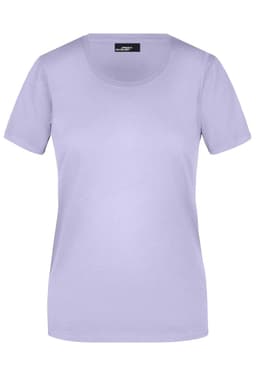 A lilac basic T-shirt with short sleeves, featuring a scoop neckline and a small logo.