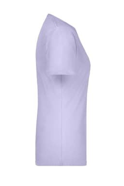 A light lavender ladies t-shirt displayed from the side, featuring a fitted design and short sleeves.