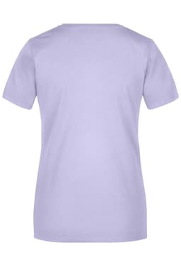 A lilac basic T-shirt with a crew neckline and short sleeves, featuring a logo on the back.