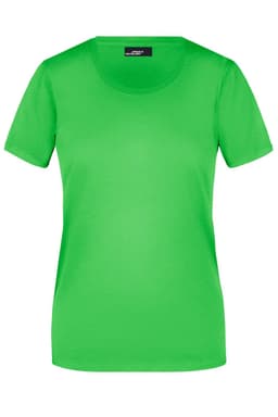 A green ladies' T-shirt with short sleeves and a round neckline. It features a logo on the label.