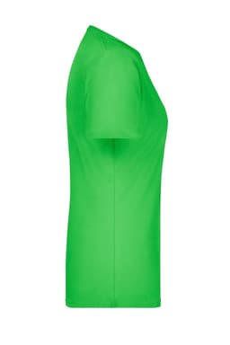 A bright green women's t-shirt displayed from a side angle, featuring a basic design and fitted shape.