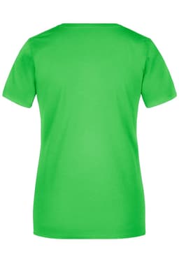 A bright green women's T-shirt with short sleeves and a round neckline, featuring a branding logo.