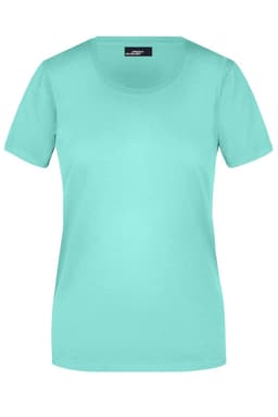 A mint green women's T-shirt with a classic crew neckline and short sleeves. It features a branding tag at the neck.