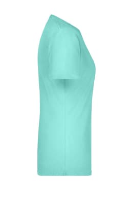A light teal women's t-shirt with a classic crew neckline and short sleeves, featuring a logo.