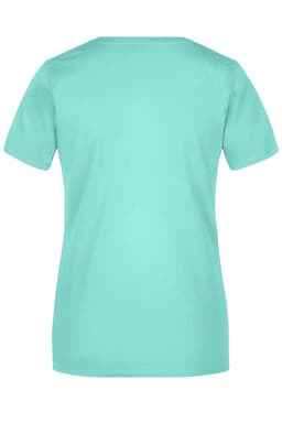 A mint green ladies T-shirt with short sleeves and a round neckline. Includes a logo on the back.