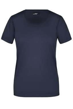 A navy blue women's t-shirt with short sleeves and a round neckline. It features a logo on the label.