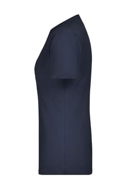 A navy blue women's basic T-shirt with a fitted side profile, featuring short sleeves and a simple design.