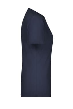 A navy blue ladies T-shirt featuring a fitted style and short sleeves. The shirt has a small logo on it.