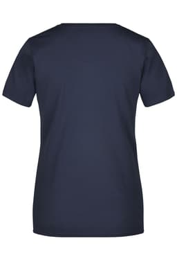 A navy blue ladies' T-shirt with a classic round neck and short sleeves. It features a logo on the back.