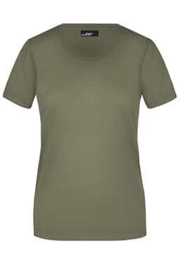 A green ladies T-shirt with a round neckline and short sleeves, featuring a logo on the label.