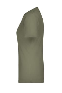 A green Ladies Basic-T shirt viewed from the side, featuring short sleeves and a fitted silhouette.