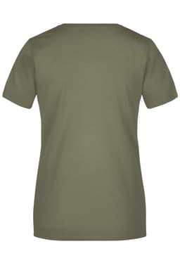 A plain olive green women's T-shirt with short sleeves and a logo on the back.