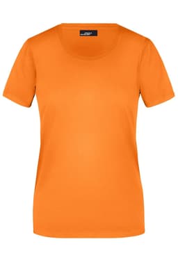 An orange short-sleeved women's T-shirt with a round neckline and a logo on the label.