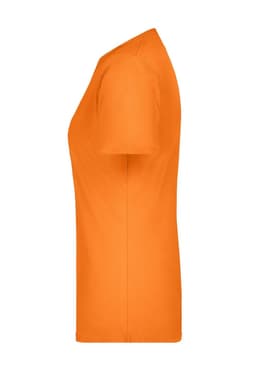 A side view of an orange women's basic T-shirt. The shirt has a smooth texture and a fitted style.