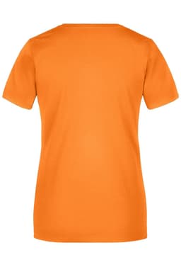 An orange ladies T-shirt with short sleeves and a rounded neckline, featuring a logo on the back.