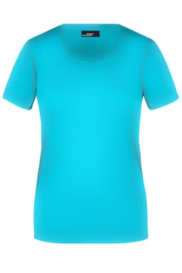 A teal women's t-shirt with a round neckline and short sleeves, featuring a logo.