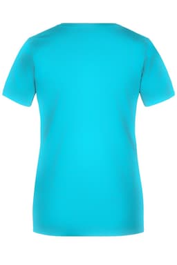 A light blue women's basic T-shirt with a round neck and short sleeves, featuring a logo.