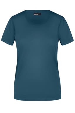 A teal ladies' T-shirt with short sleeves and a round neckline, featuring a brand logo.