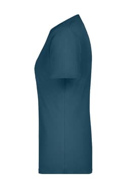 A side view of a teal ladies T-shirt featuring short sleeves. The shirt has a simple design and includes a logo.