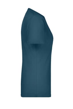 A side view of a ladies' T-shirt in a deep teal colour, featuring a soft fabric and short sleeves.