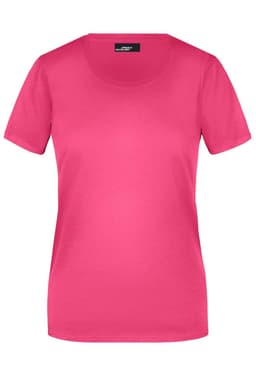 A pink ladies' T-shirt with a round neckline and short sleeves. It features a logo on the label.