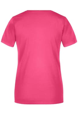 A pink ladies T-shirt with short sleeves and a plain back. The shirt features a logo on the neckline.
