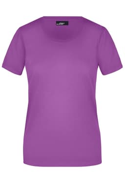 A purple Ladies Basic-T shirt with short sleeves and a rounded neckline, featuring a branding label.
