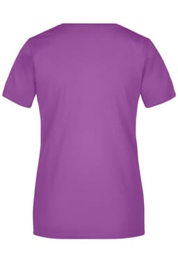 A plain purple T-shirt with short sleeves and a logo on the back.