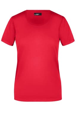 A red ladies T-shirt with a round neckline and short sleeves. It features a logo on the label.